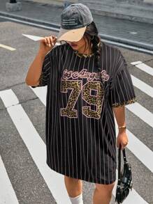 SHEIN EZwear 大码豹纹字母图案宽松T恤连衣裙，夏季 - 彩色 - 查看 4