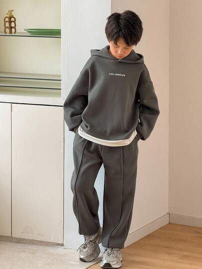 SHEIN 青少年男孩休闲韩版宽松字母印花长袖连帽衫和松紧腰裤套装，适合秋季/春季、户外玩耍、学校、街头风格、派对和休闲