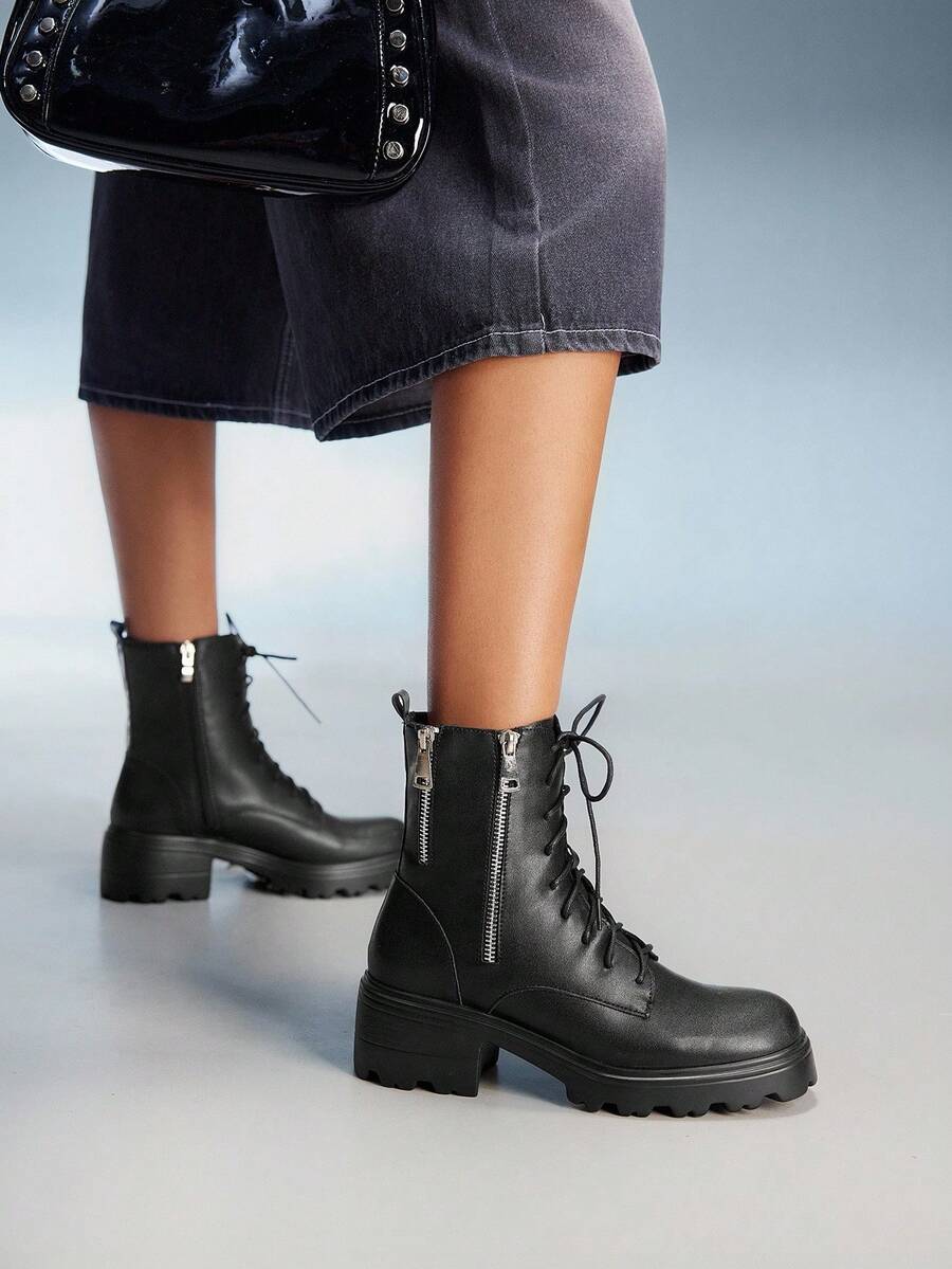 CUCCOO GRLICON Botas de plataforma con puntera redonda, decoración de hebilla plateada, cómodas y de estilo fashion, adecuadas para uso diario, fiestas, Halloween, Navidad - Negro - Ver 1