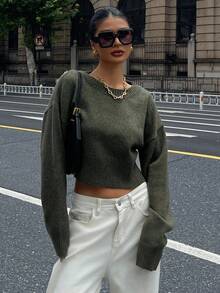 DAZY Loose Fit Cropped Pullover Sweater For Women, Versatile New Style Fall - Army Green - View 4