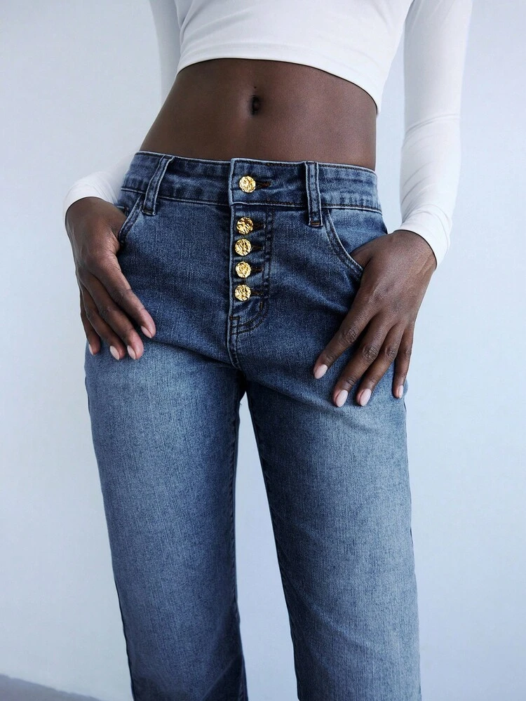 SHEIN Maija Women's Blue Jeans High Waist Flared Comfortable Stretch Denim Old Money Style Gold Metal Buckle Decoration  Autumn Clothes