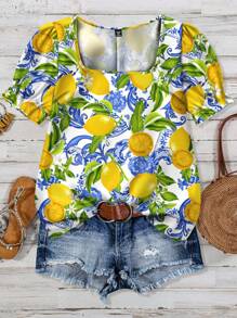 EMERY ROSE 加大码花卉柠檬印花休闲宽松衬衫，简约设计，适合夏季音乐节、度假