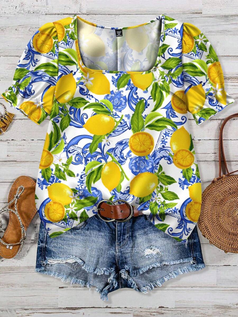 EMERY ROSE 加大码花卉柠檬印花休闲宽松衬衫，简约设计，适合夏季音乐节、度假