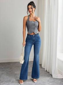 Elenzga Women's Solid Color Casual Jeans - Medium Wash - View 5
