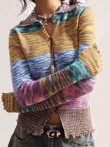Bohemela Áo len dệt kim tay dài chắp vá nhiều màu sắc dành cho nữ Áo len dệt kim nhiều màu sắc dành cho nữ Áo len dệt kim kẻ sọc dành cho mùa thu/đông - Nhiều màu - Xem 2