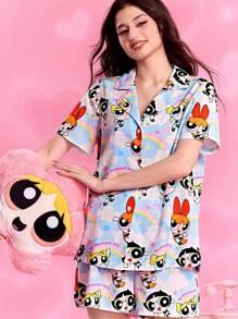 THE POWERPUFF GIRLS X SHEIN 女士蓝色短袖上衣和短裤睡衣套装，可爱卡通，泡泡、花朵、毛茛、云朵彩虹图案，梦幻、基本款休闲又酷炫，女士返校装，返校，学校上衣，基本款上衣，秋冬 - 藍色 - 查看 6