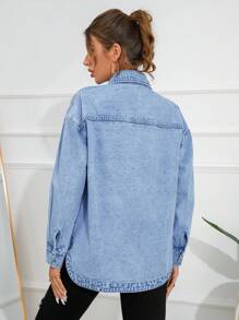 Selenza 女式落肩长袖单排扣口袋休闲牛仔衬衫 - 中等水洗藍 - 查看 2