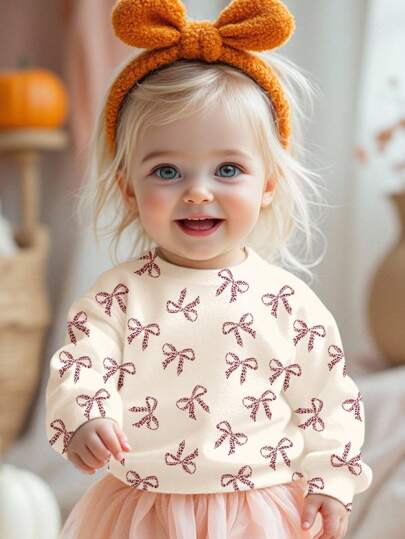 SHEIN LMoss Kids 3pcs/Set Baby Girl Casual Loose Fit Crew Neck Soft Sweatshirts, Cream White, Cream Beige, Cream Pink, Vintage Leopard Bow, Mini Polka Dot Bow Pattern, Suitable For Autumn/Winter Fall