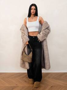 SHEIN Tall Women's Winter Stand Collar Long Sleeve With Pockets Long Elegant Fluffy Coat Long Fur Coat,Fall - Light Grey - View 6