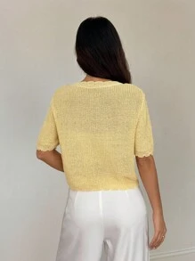 SHEIN PETITE 女士浅黄色短袖羊毛针织开衫 - 黃色 - 查看 3