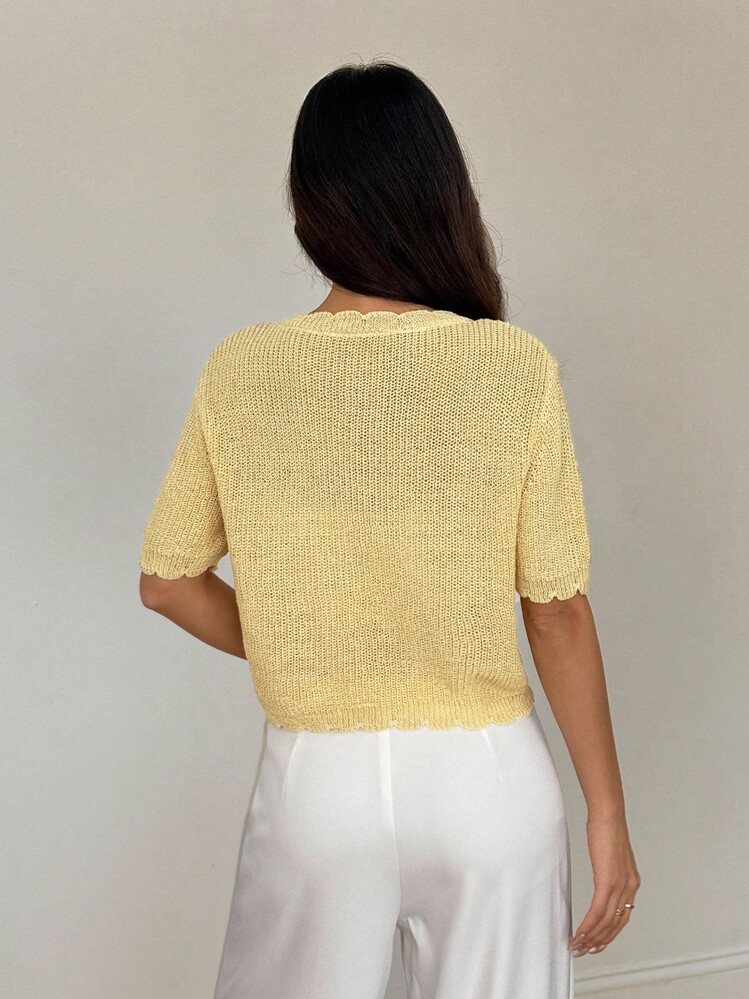 SHEIN PETITE 女士浅黄色短袖羊毛针织开衫 - 黃色 - 查看 3