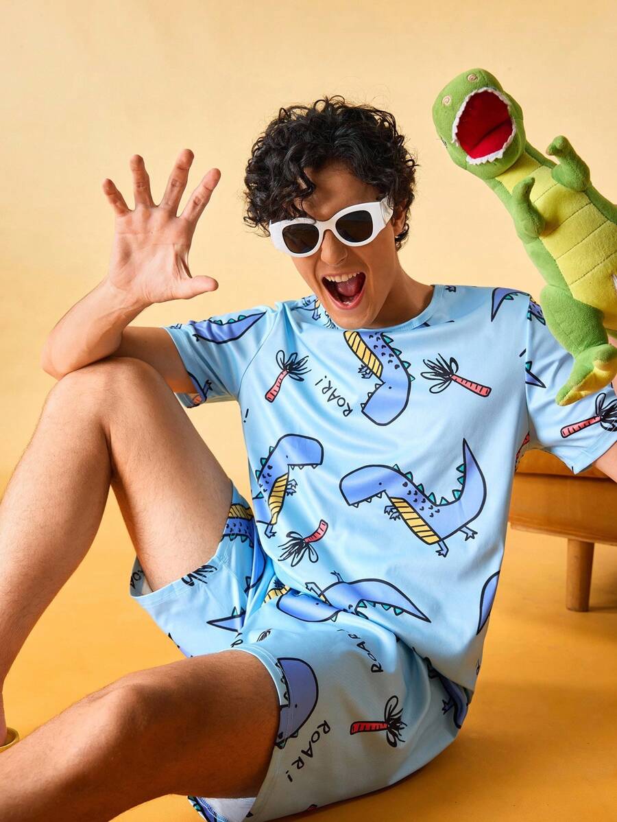 Notgurli Men Cartoon Graphic PJ Set / Pajama Set - Baby Blue - View 1