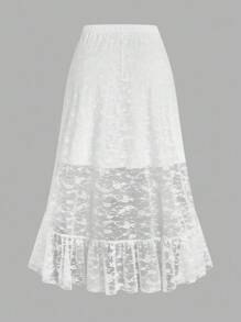 Sweetra 不对称荷叶边蕾丝美人鱼下摆甜美纯色半身裙