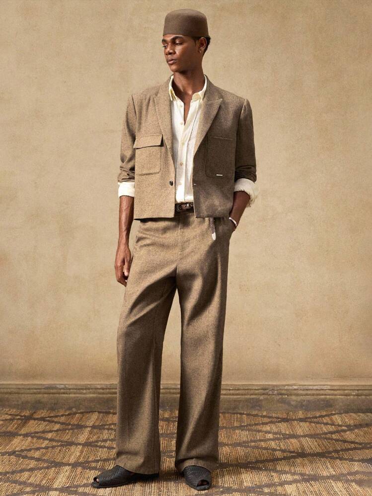 AKNOTIC 2pcs Business Casual Men's Fashion Woven Slim Fit Mocha Brown Suit Blazer Set, Suitable For Summer, Autumn, Vacation, Wedding, Party, Graduation Gift - Mocha Brown - View 3