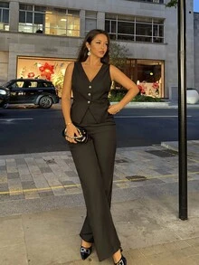 女士优雅无袖上衣和裤子套装，商务通勤风格，秋季女教师装 - 黑色 - 查看 1