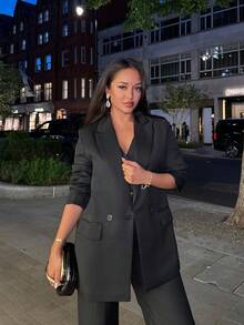 NegzBox Blazer informal de solapa doble botonadura con cuello - Negro - Ver 6