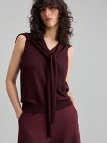 Ontre Elegant Style, Minimalist Design, Wine Red, Knitted Shawl, V-Neck Sleeveless Knit, Knit 2 In 1, Fitted Silhouette, Women's Knit Two Pieces Set, Women's Knit Top, Autumn Clothing, Everyday Wear, Casual Wear, Business Casual Burgundy Purple Christmas Modern Urban Casual Fashion Business Casual Women's Office Wear Low-Key Old Money Style Effortless Temperament High-End Urban Commuting High-Quality Airport Women's Wear High-End Material - Burgundy - View 2