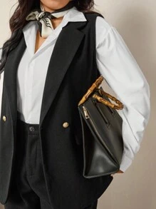 Comfylo Conjunto de traje de lana negro para mujer talla grande, para trabajo/oficina, disfraz de Halloween, elegante para fiesta en otoño/invierno - Negro - Ver 3