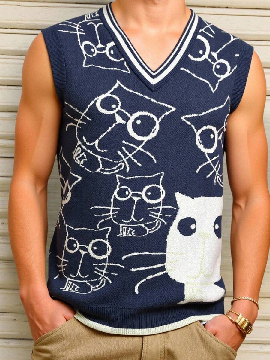 Manfinity Homme 男士休闲猫咪图案针织背心，适合返校季和秋冬季穿着 - 彩色 - 查看 1