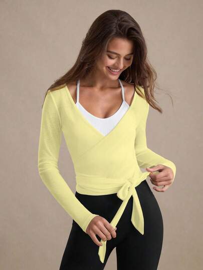 Eassivo Eassivo Women's Casual Tie-Front Long Sleeve Textured Knit Sports T-Shirt, Versatile For All Seasons Yellow Workout Top Women Yoga Tops Yellow Athletic Top Long Sleeve Workout Top Wrap Workout Top