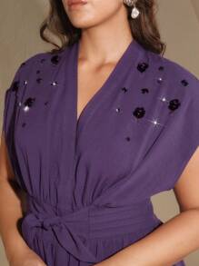 Anewsta Vestido de línea A con decoración de cuentas, de moda casual para mujer de talla grande, de verano - Morado Violeta - Ver 2