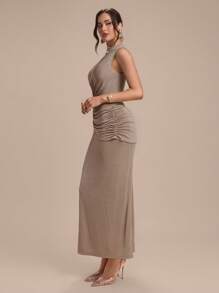 Modelyn Sleeveless High Neck Pleated Versatile Elegant Cocktail Party Dress - Khaki - View 6