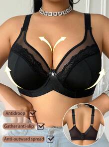 SHEIN 1pc Plus Size Lace Patchwork Underwire Bra, Lift - Black - View 5