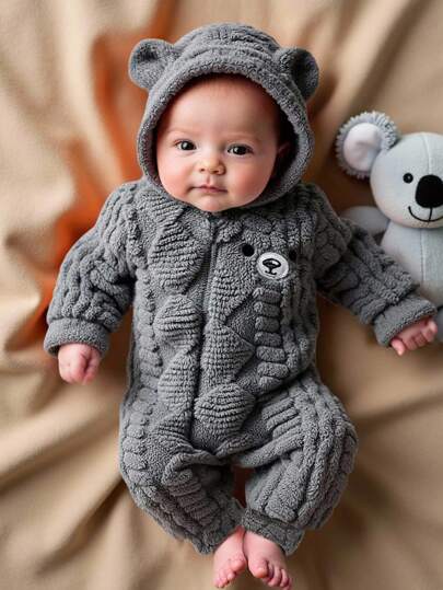 SHEIN 0-24 Months Baby Boy Cute Ear Hoodie Zipper Embroidered Furry Long Sleeve Jumpsuit, Comfortable Fabric For Outdoor Activities & Casual Daily Wear Baby Coat Jumpsuit Warm Jumpsuit For Baby Boy Winter Baby Clothes Hooded Baby Jumpsuit
