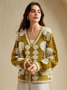 Anewsta Áo khoác len cardigan dệt kim hở cổ, tay dài, một hàng khuy, họa tiết hoa dành cho nữ - Màu vàng - Xem 6