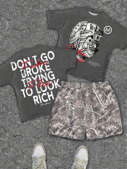 SHEIN Bolty 2pcs Tween Boy Casual Classic Portrait & Leaf Branch Print Short Sleeve Round Neck T-Shirt And Shorts Set, Suitable For Summer