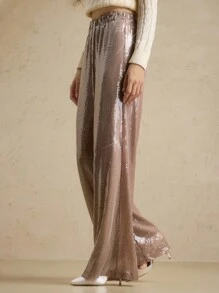 Briarwyn 女士四季服饰 Old Money Style 女士优雅亮片缀饰阔腿裤 - 藕粉色 - 查看 4