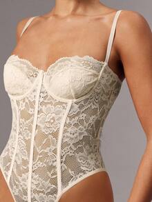 Silquee 红色性感蕾丝紧身衣，蕾丝拼布细肩带迷人透视紧身长袖紧身衣，适合日常穿着、约会之夜、外出 - 杏色 - 查看 8