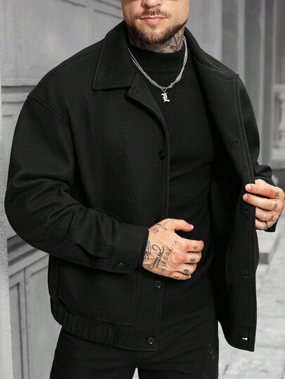 Manfinity Homme 男士休闲长袖纽扣外套，秋冬季，男士秋冬轻奢成熟休闲粗花呢翻领口袋保暖弹力袖口大衣