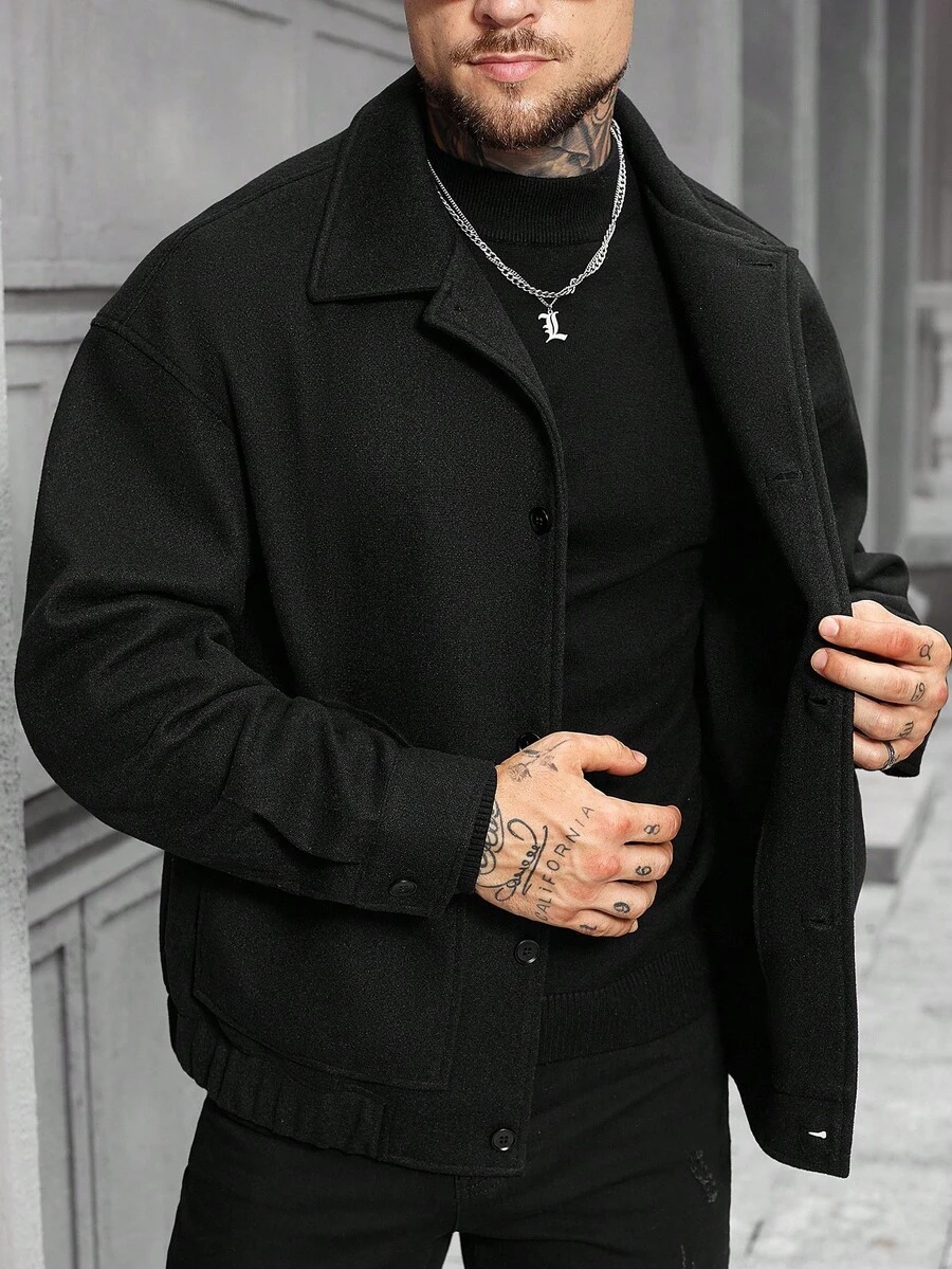 Manfinity Homme 男士休闲长袖纽扣外套，秋冬季，男士秋冬轻奢成熟休闲粗花呢翻领口袋保暖弹力袖口大衣 - 黑色 - 查看 1