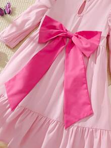 Elladie kids Vestido elegante para niña con cuello redondo, mangas farol, decoración de lazo exagerado y pliegues en contraste de color - Rosa - Ver 4