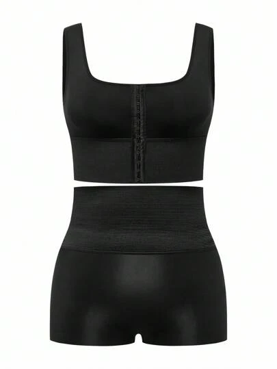 SHAPORA Plus Size Fashion Front Button Cropped Camisole Shapewear And Waist Cincher Shorts Set