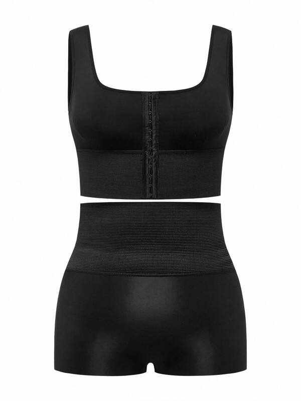 Shapelle Forme Plus Size Fashion Front Button Cropped Camisole Shapewear And Waist Cincher Shorts Set