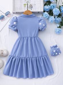 Elladie kids 年轻女孩纯色领泡泡袖开衫夏季可爱连衣裙配迷你包 - 淺藍色 - 查看 3