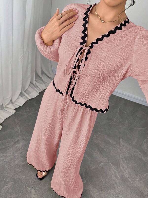 Firerie 女士米色法式灯笼袖荷叶边蝴蝶结衬衫和松紧腰裤套装，长袖长裤套装，休闲度假装