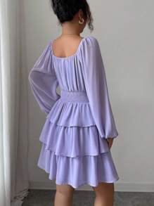 Selianne Đầm suông dáng chữ A, tay lỡ, ngắn, họa tiết bèo nhún, mặc đi chơi, đi nghỉ, tiệc trà chiều, màu trơn, cổ vuông, eo nhún, dáng suông, dáng suông, dáng suông, thời trang xuân/thu/đông cho nữ - Màu tím hoa cà - Xem 2