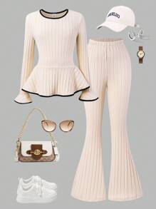 Sparklyn Tween Girl Contrast Trim Bell Sleeve T-Shirt And Flared Pants Set Fall Winter