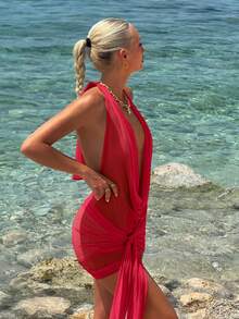 SHEIN ICON Women's Red Sheer Deep Draped Neck Ruched Tie Waist Backless Bodycon Mini Dress Draped Dress,Party Dresses For Women,Dresses For Women Party - Red - View 11