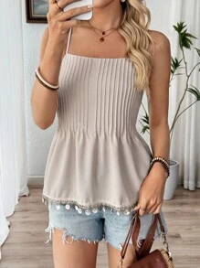 Breezaya Áo hai dây xếp ly ren trơn không tay mùa hè cho nữ - Màu be - Xem 6