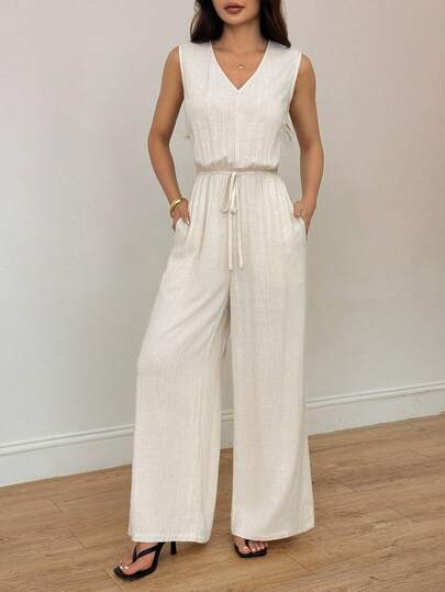 SHEIN PETITE V 领腰带蝴蝶结口袋无袖连体裤阔腿裤，休闲度假优雅女士服装，春夏季，可在秋冬季分层穿着