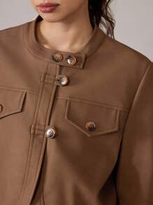 SHEIN MOD 女士拉链短款秋季外套，休闲拉链常规袖立领修身咖啡棕色纯色女式外套，适合秋冬季日常休闲穿着、外出、锐舞派对等场合。 - 黃色 - 查看 8