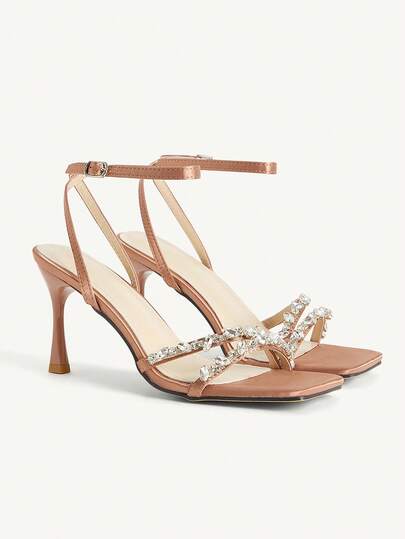 CUCCOO CHICEST Damskie brązowe, kryształowe, kwadratowe, minimalistyczne czółenka na szpilce z kwadratowym paskiem i noskiem, eleganckie, codzienne, wygodne, wsuwane buty do pracy, różowe skórzane sandały na obcasie, odpowiednie na randkę, imprezę, popołudniową herbatę i formalne okazje