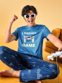 Notgurli 3pcs Men's Letter Print Short Sleeve Round Neck Top And All-Over Print Bottom Homewear Set - Royal Blue - View 4