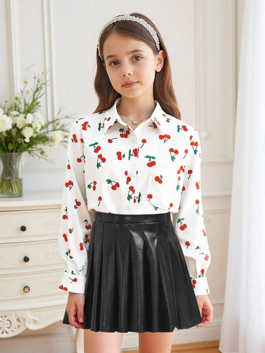 Girls' Minimalist Chic Sweet White Base Red Cherry Pattern Long Sleeve Shirt Cherry Shirt Cherry Print Shirt Fruit Print Shirt Girls Cherry Shirt