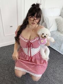 SHEIN EZwear 加大码格子拼接蝴蝶结装饰露肩束腰夏季连衣裙，连衣裙 - 彩色 - 查看 1