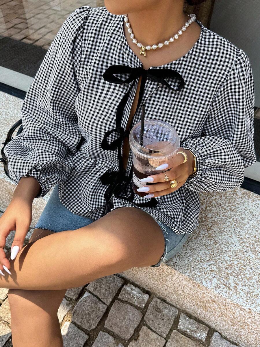 Dripcurv 大码前系带长袖简约褶皱衬衫，适合日常休闲穿着